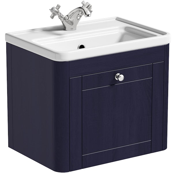 The Bath Co. Beaumont sapphire blue wall hung vanity unit and ceramic basin 500mm with tap