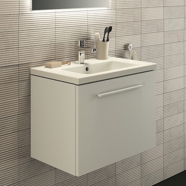Ideal Standard i.life S matt white wall hung vanity unit with 1 drawer and brushed chrome handle 600mm