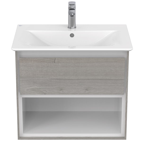 Ideal Standard Concept Air wood light grey and matt white open wall hung vanity unit and basin 600mm