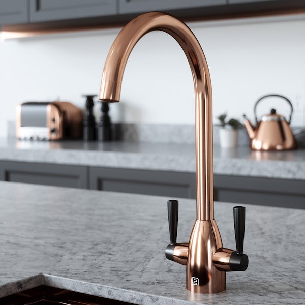 The Tap Factory Vibrance kitchen mixer tap with copper and vanto black finish