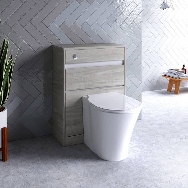 Ideal Standard Concept Air wood light grey and matt white back to wall unit, concealed cistern, push button and toilet with soft close seat