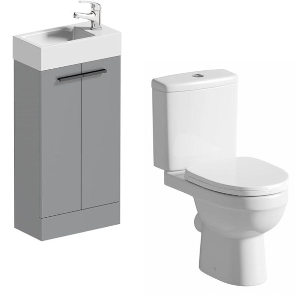 Clarity Compact satin grey cloakroom suite with contemporary close coupled toilet and black handles