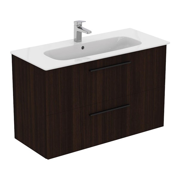 Ideal Standard i.life A coffee oak wall hung vanity unit with 2 drawers and black handles 1040mm
