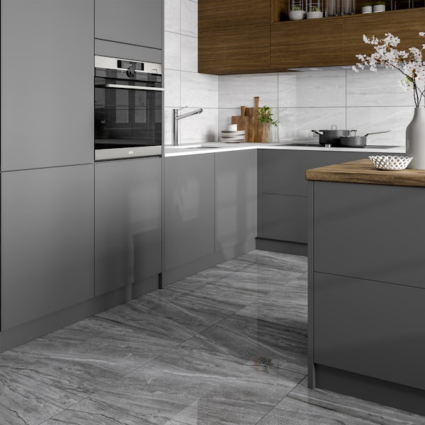 Comet Light Grey Marble Effect Gloss, Polished Grey Tiles Kitchen