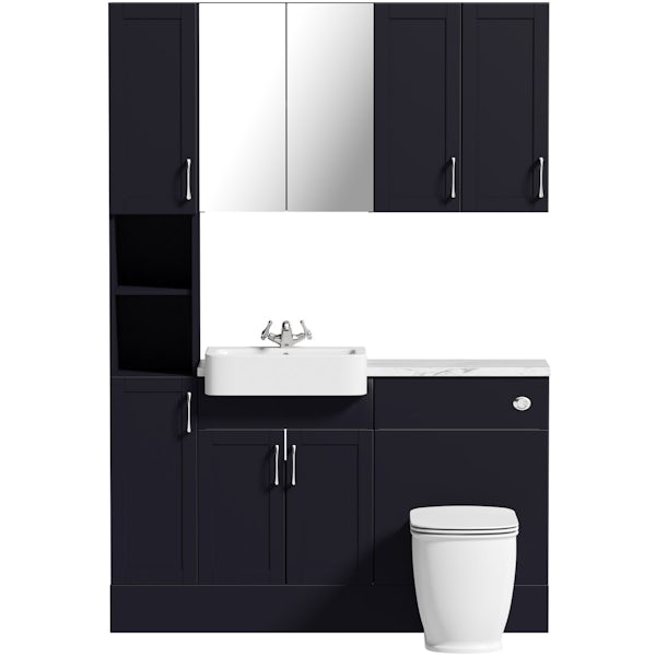 Reeves Newbury indigo tall fitted furniture & storage combination with white marble worktop