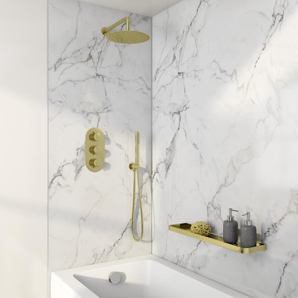 Mode brushed brass round wall shower, handset and thermostatic triple valve set