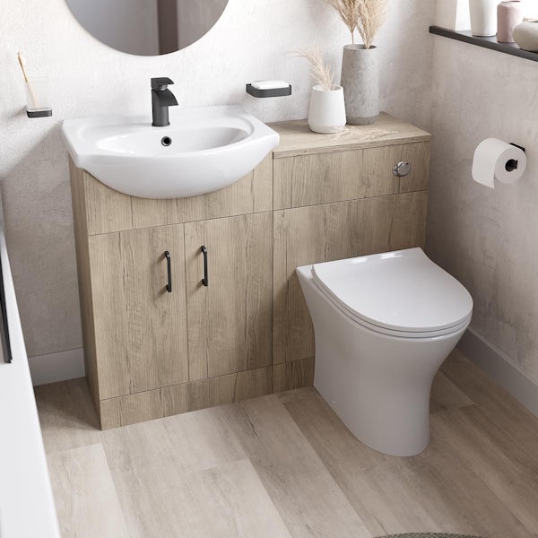 Orchard Lea oak furniture combination with black handle and Derwent round back to wall toilet with seat