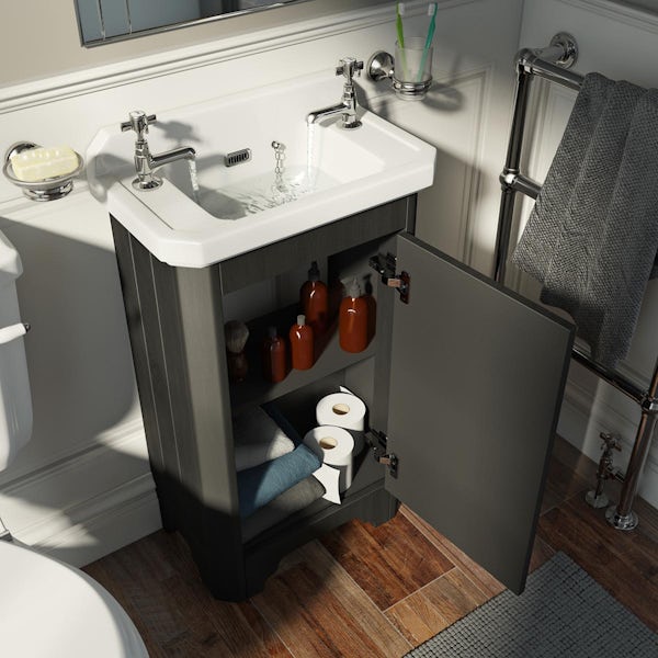 The Bath Co. Thatcham dark grey floorstanding vanity unit and ceramic basin 500mm with taps