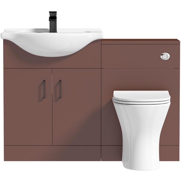 Orchard Lea tuscan red 1155mm combination with black handle and Derwent round back to wall toilet with seat