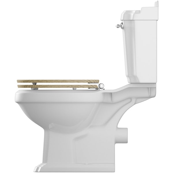 The Bath Co. Winchester close coupled toilet with soft close wooden toilet seat grey oak