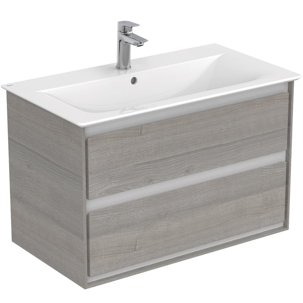 Ideal Standard Concept Air wood light grey furniture and freestanding bath suite 1700 x 790