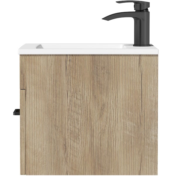 Orchard Lea oak wall hung vanity unit with black handle 420mm and Derwent square close coupled toilet suite