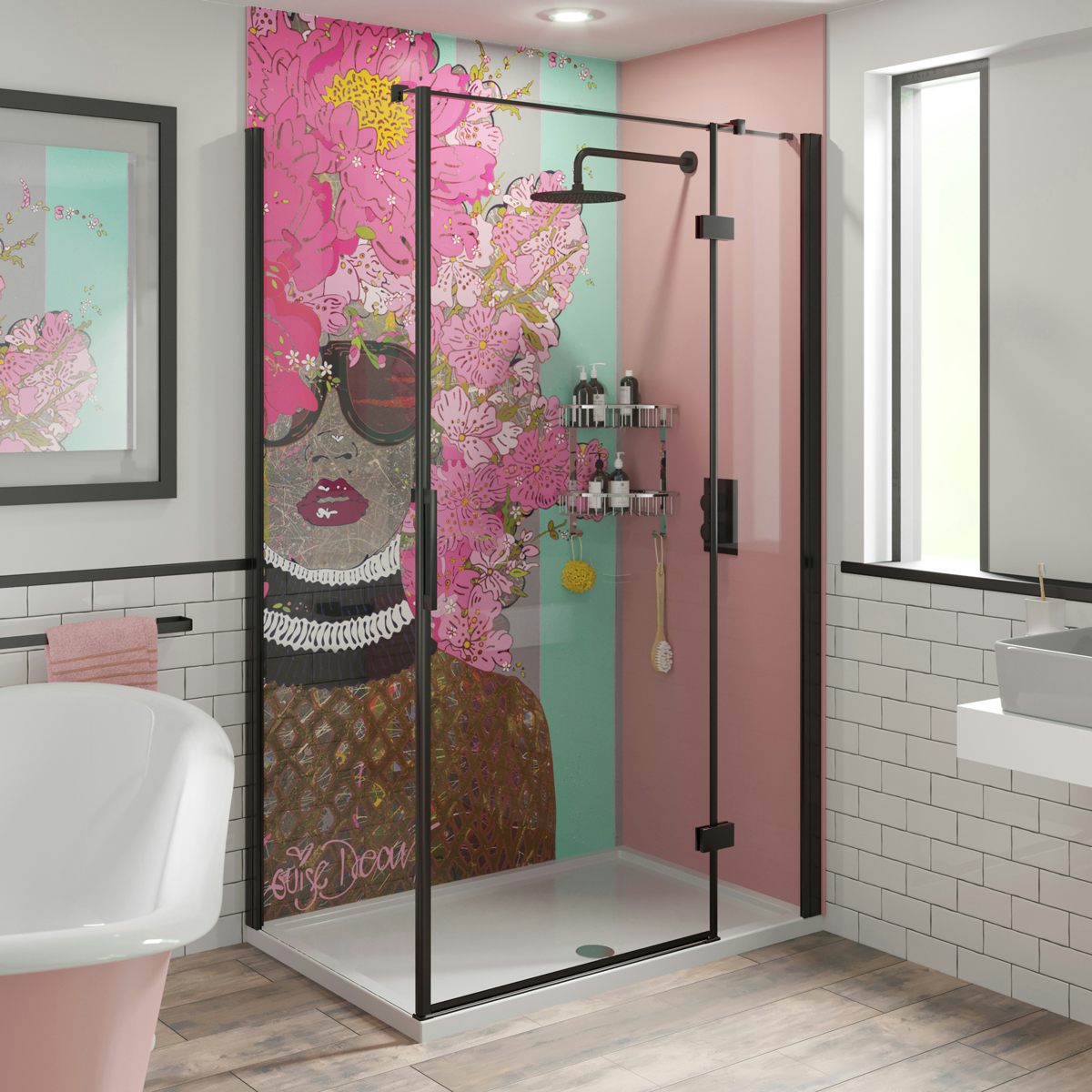 Louise Dear Kiss Kiss Bam Bam Light Pink acrylic shower wall panel pack with black rectangular enclosure