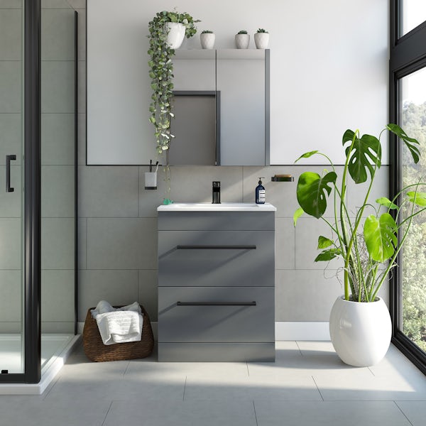 Orchard Derwent stone grey floorstanding vanity drawer unit with black handle and ceramic basin 600mm