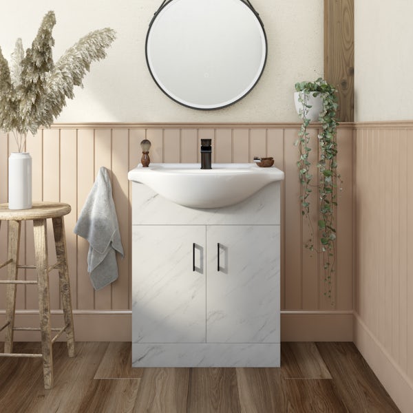 Orchard Lea marble floorstanding vanity unit with black handle and ceramic basin 650mm