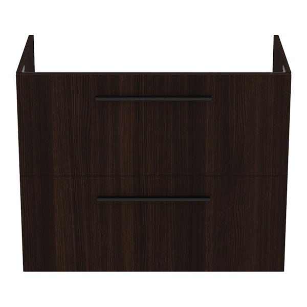 Ideal Standard i.life A coffee oak wall hung vanity unit with 2 drawers and black handles 840mm