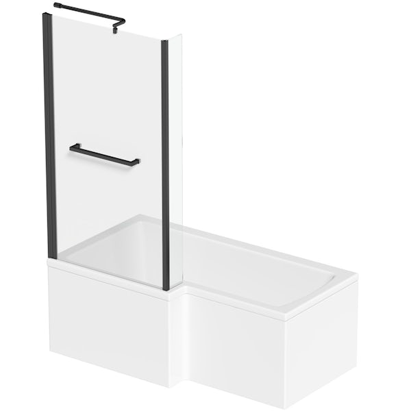 Orchard L shaped left handed shower bath with 6mm matt black shower screen with rail 1500 x 850