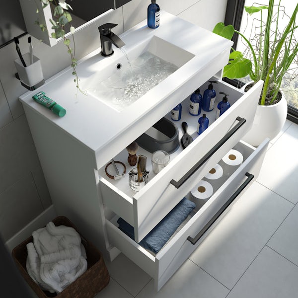 Orchard Derwent white floorstanding vanity unit and ceramic basin 800mm with black handle, tap & waste