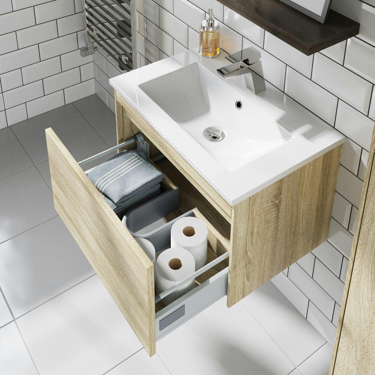 Mode Austin Oak Wall Hung Vanity Unit And Basin 600mm