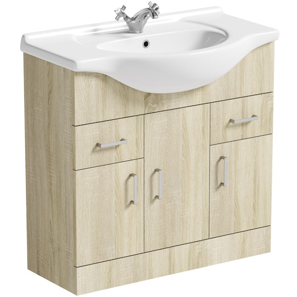 Orchard Eden oak vanity unit and ceramic basin 850mm with multi-drawer storage unit