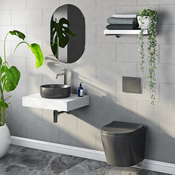 Mode Orion charcoal grey wall hung toilet with soft close seat and 1m wall mounting frame with push plate cistern