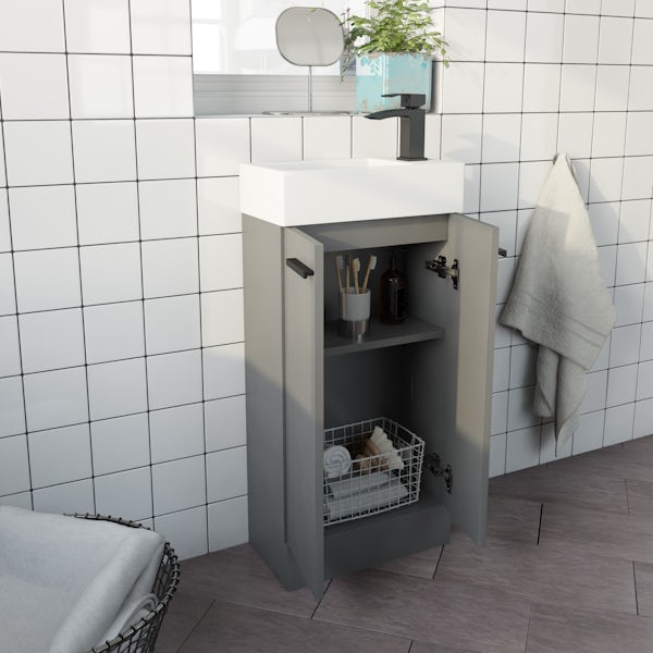 Clarity Compact satin grey floorstanding vanity unit and basin 410mm with tap and black handles