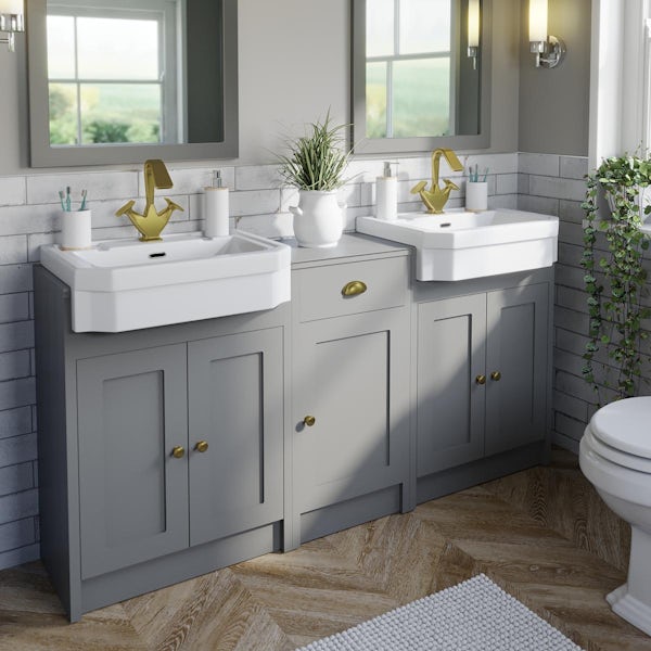 Orchard Dulwich stone grey floorstanding double vanity unit and Eton basin with storage combination - brushed brass