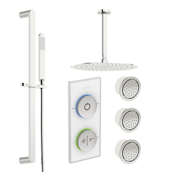 SmarTap white smart shower system with complete round ceiling shower set