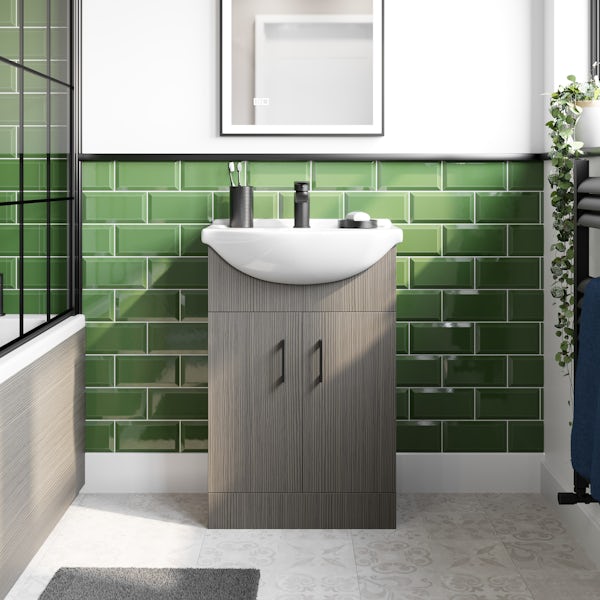 Orchard Lea avola grey floorstanding vanity unit with black handle and ceramic basin 550mm