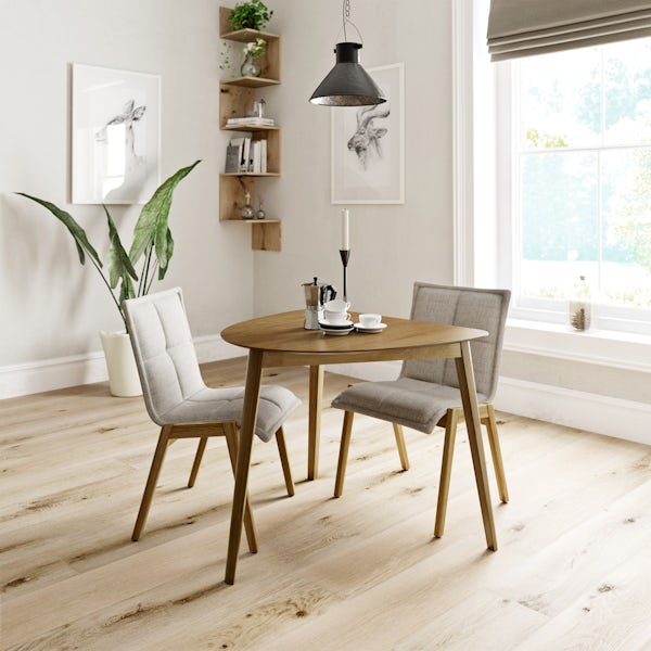 Harrison Oak Table with 2x Hadley beige chairs