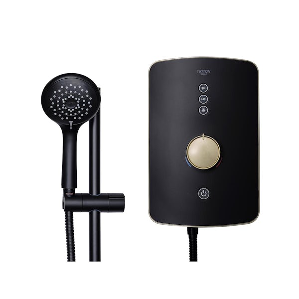 Triton Amala matt black electric shower with brushed brass details
