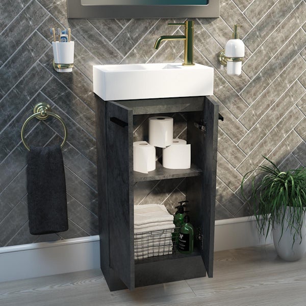 Clarity Compact riven grey floorstanding vanity unit with black handles and basin 410mm