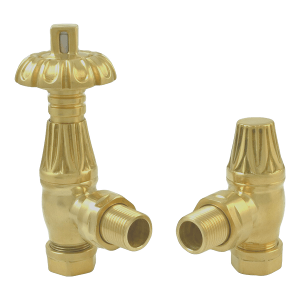 The Heating Co. Ornate thermostatic angled radiator valves with lockshield - brushed brass