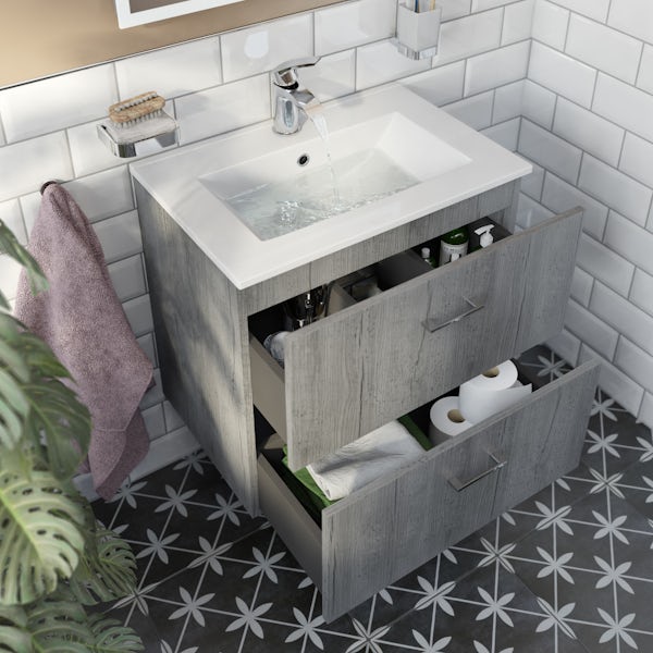 Orchard Lea concrete wall hung vanity unit 600mm and Derwent square close coupled toilet suite