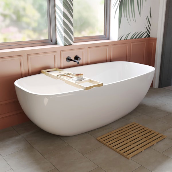 Mode Ellis freestanding bath 1800 x 870 with round wall mounted black bath mixer tap