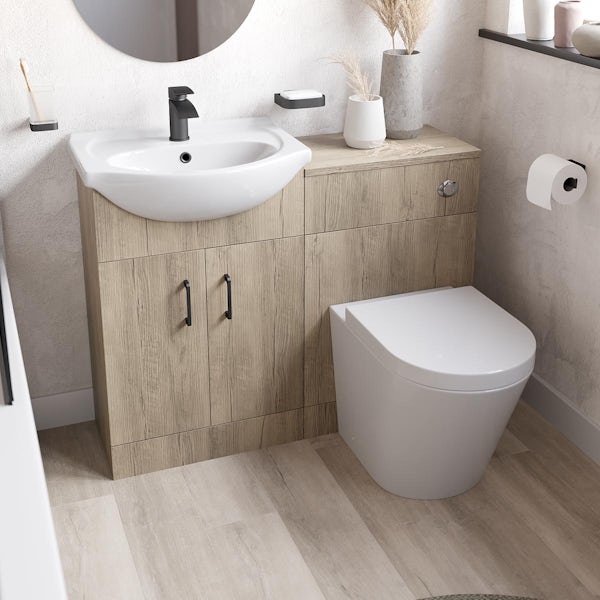 Orchard Lea oak furniture combination with black handle and Contemporary back to wall toilet with seat