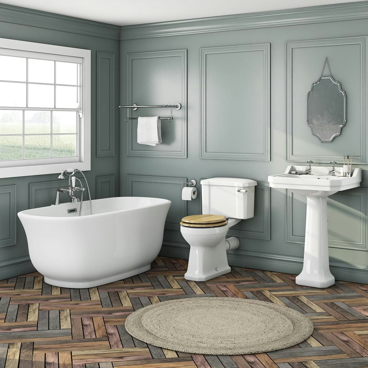 The Bath Co. Camberley freestanding bath suite with oak effect seat