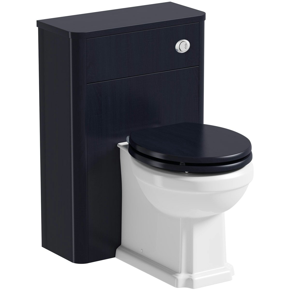The Bath Co. Beaumont sapphire blue back to wall unit and traditional toilet with wooden seat