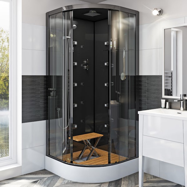 Mode quadrant black glass backed hydro massage shower cabin with wood effect floor and seat 900 x 900