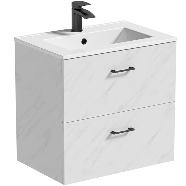 Orchard Lea marble wall hung vanity unit with black handle 600mm and Derwent square close coupled toilet suite