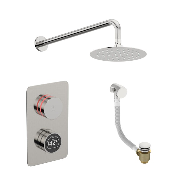 Mode Touch digital thermostatic shower set with round wall arm and bath filler waste
