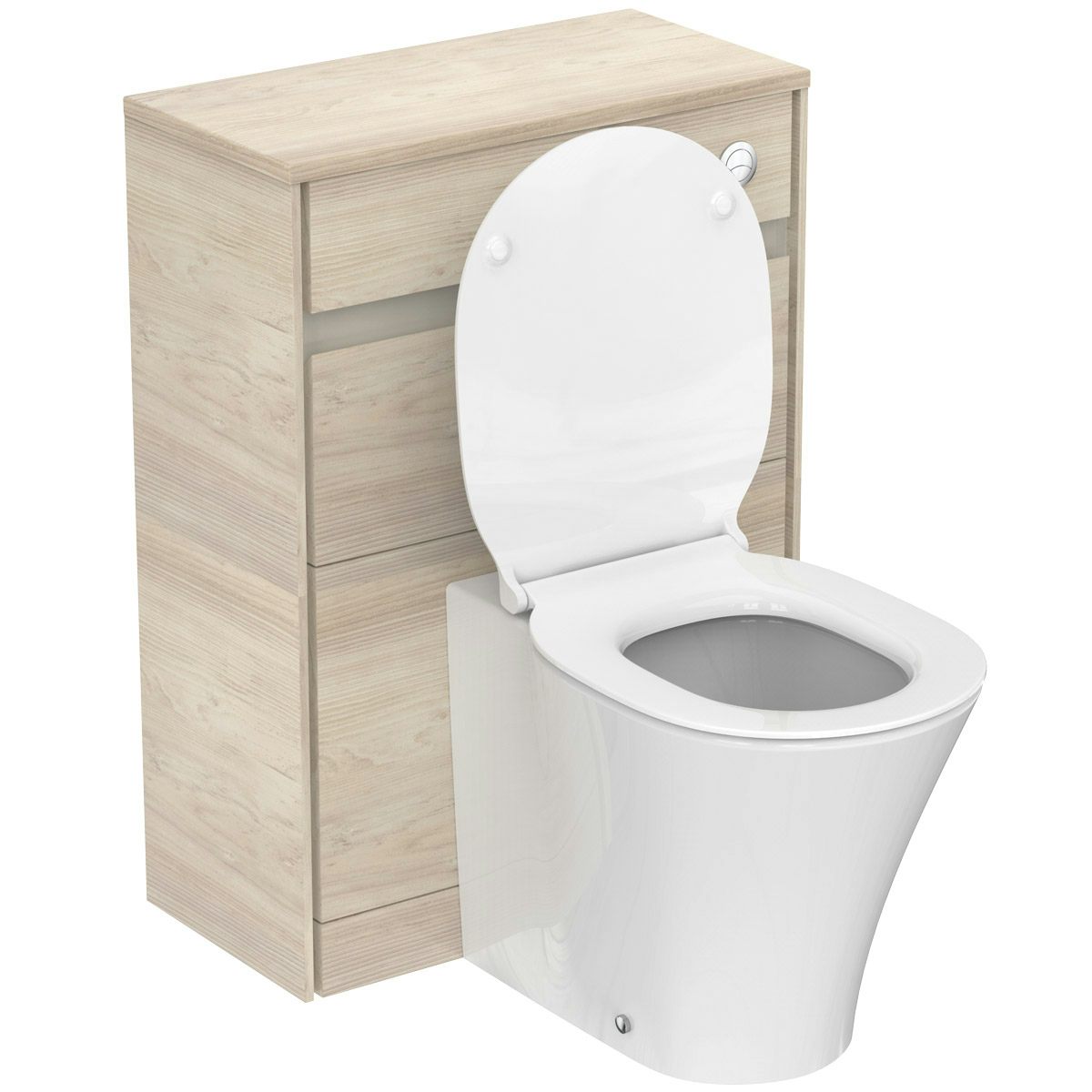 Ideal Standard Connect Air wood light brown back to wall unit, concealed cistern, push button and toilet with soft close seat