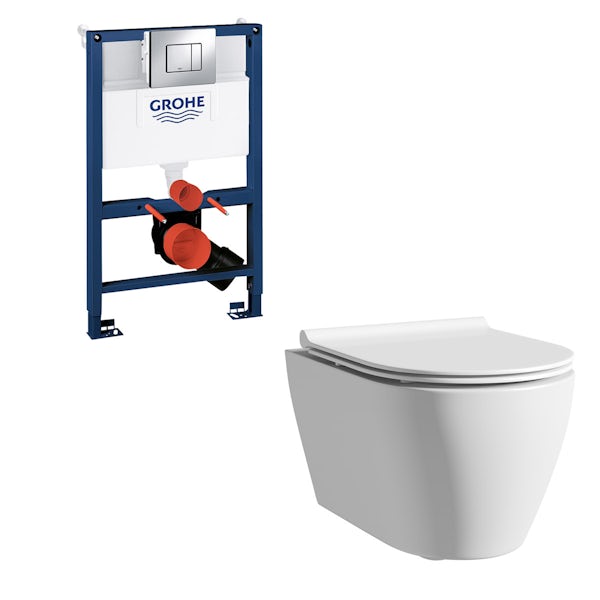 Mode Harrison wall hung toilet with slim seat, Grohe frame and Skate Cosmopolitan push plate 0.82m