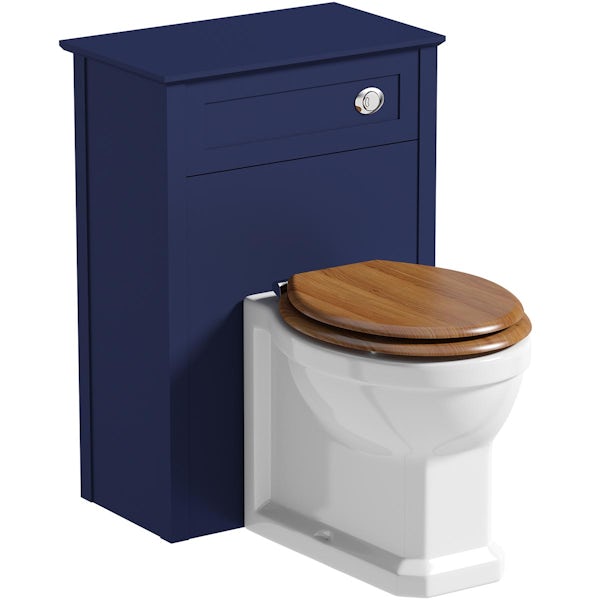 The Bath Co. Camberley navy back to wall toilet unit with traditional toilet and oak seat