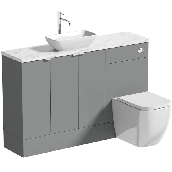 Reeves Wyatt onyx grey small fitted furniture combination with white marble worktop and countetop basin