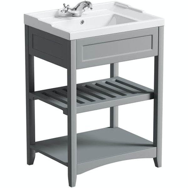 The Bath Co. Camberley satin grey washstand and close coupled toilet with grey seat