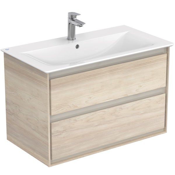 Ideal Standard Concept Air wood light brown vanity unit 800mm with close coupled toilet