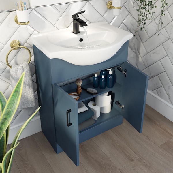 Orchard Lea ocean blue floorstanding vanity unit with black handle and ceramic basin 650mm