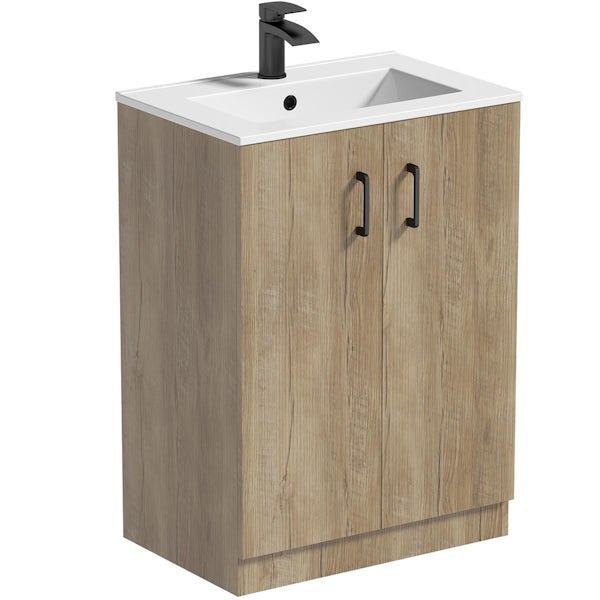Orchard Lea oak floorstanding vanity unit with black handle and ceramic basin 600mm