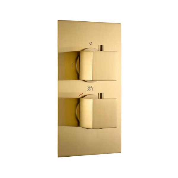 Mode brushed brass square wall shower, handset and thermostatic twin valve set